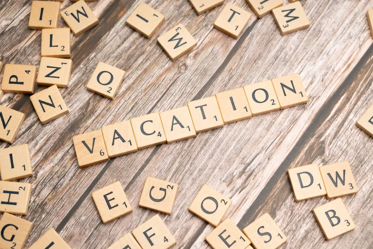 The word vacation spelled out in scrabble letters